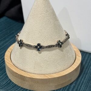 Vtg Sterling Silver Marcasite Deep Blue Rhinestone Floral 4 Leaf Clover Bracelet